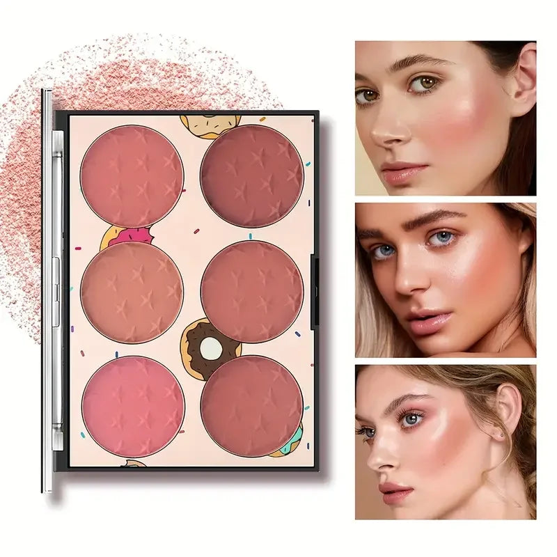 Paleta de blush de 6 cores, efeito matte